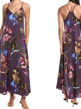 NWT Nicole Miller Purple Satiny Watercolor Floral Maxi Dress Size Large